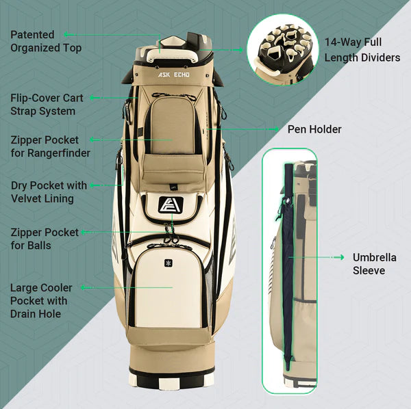 Ask Echo T-LOCK 3.0 14 Way Organizer Dividers Golf Quiet Cart Bag / Toasted Almond