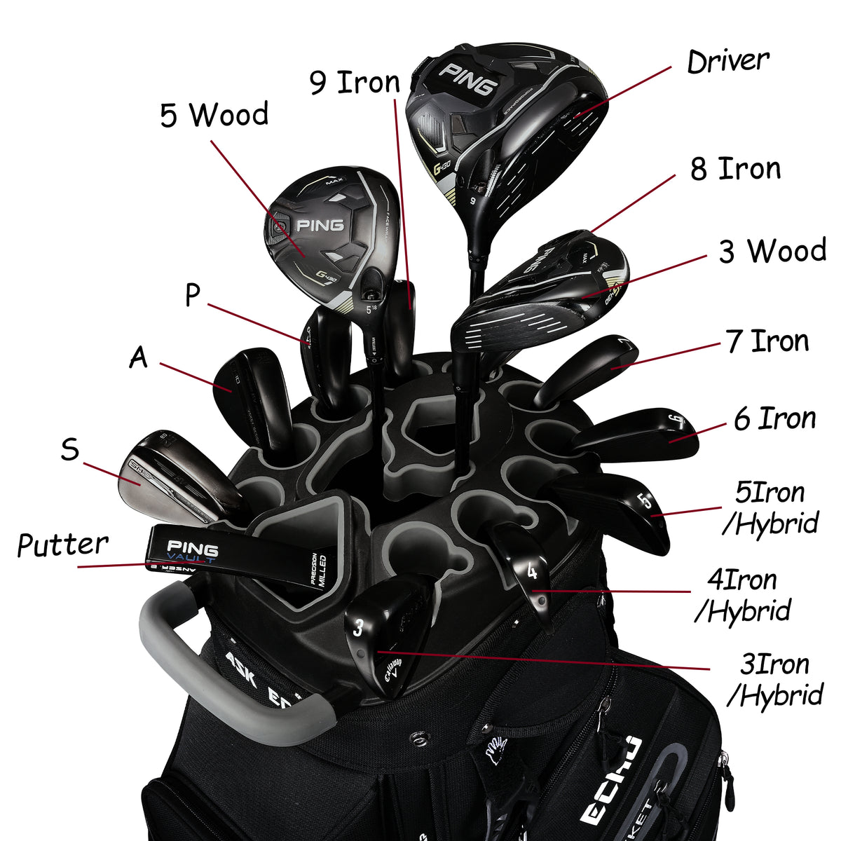 Ask Echo T-LOCK 3.0 14 Way Organizer Dividers Golf Quiet Cart Bag / Black