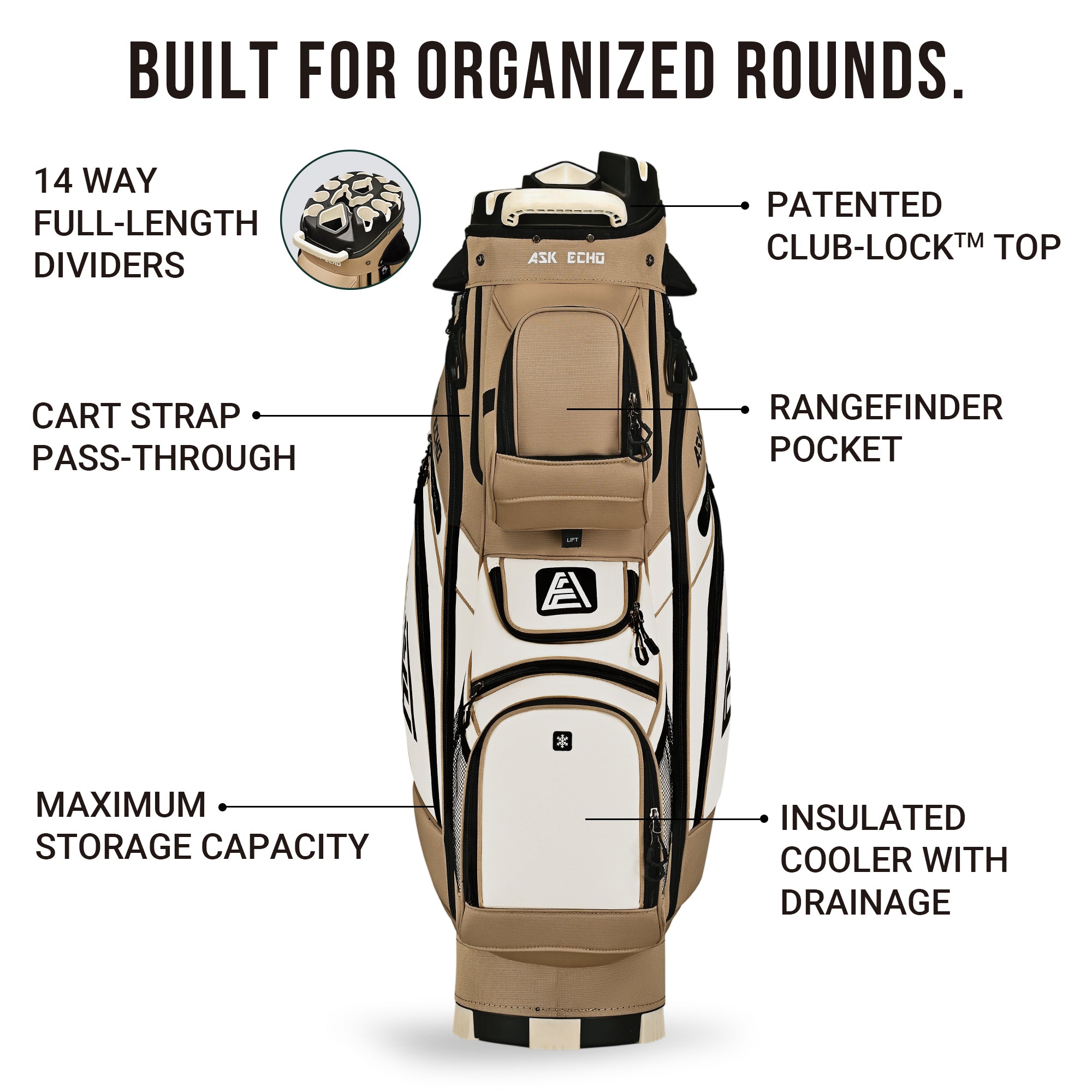 Ask Echo T-LOCK 3.0 14 Way Organizer Dividers Golf Quiet Cart Bag / Toasted Almond