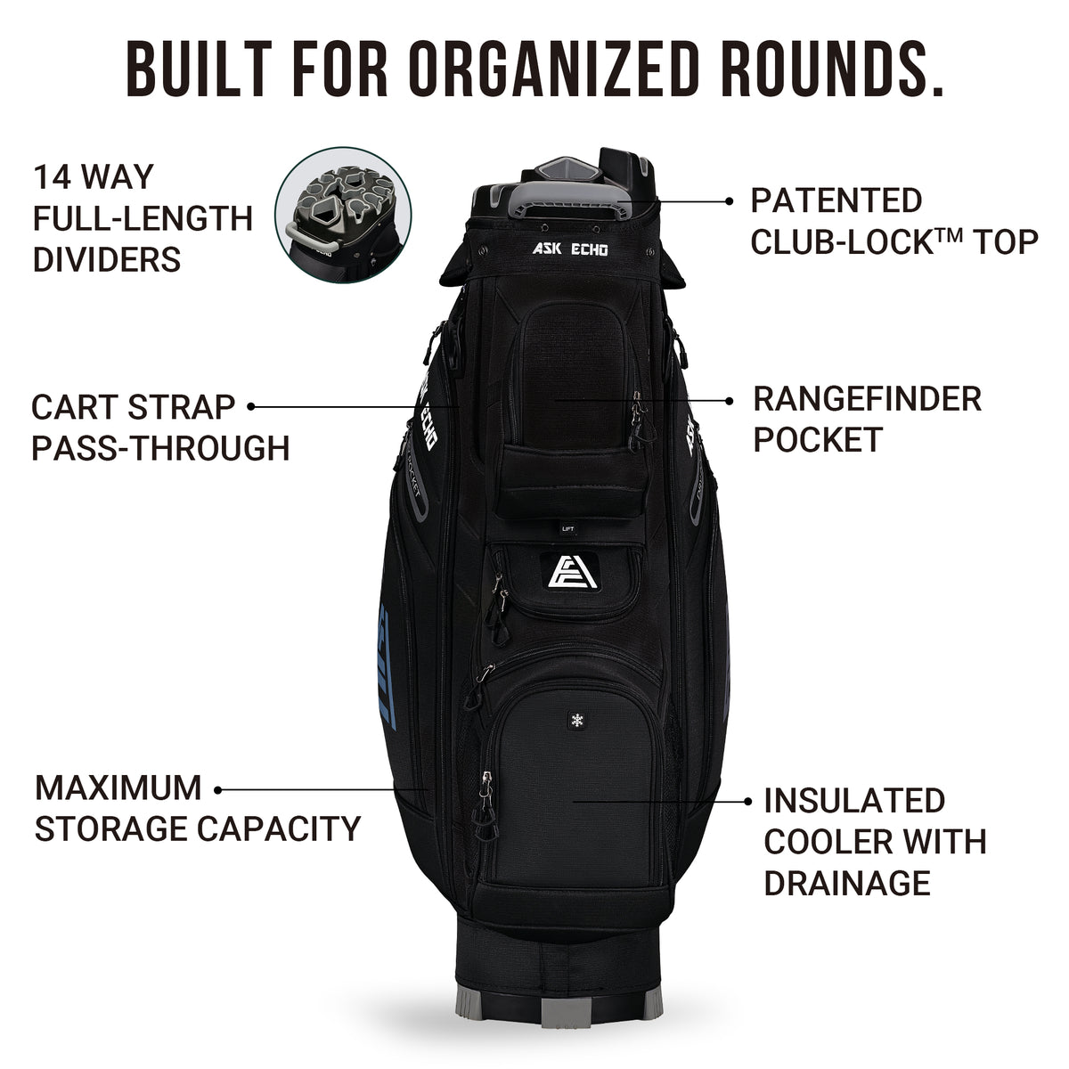 Ask Echo T-LOCK 3.0 14 Way Organizer Dividers Golf Quiet Cart Bag / Black