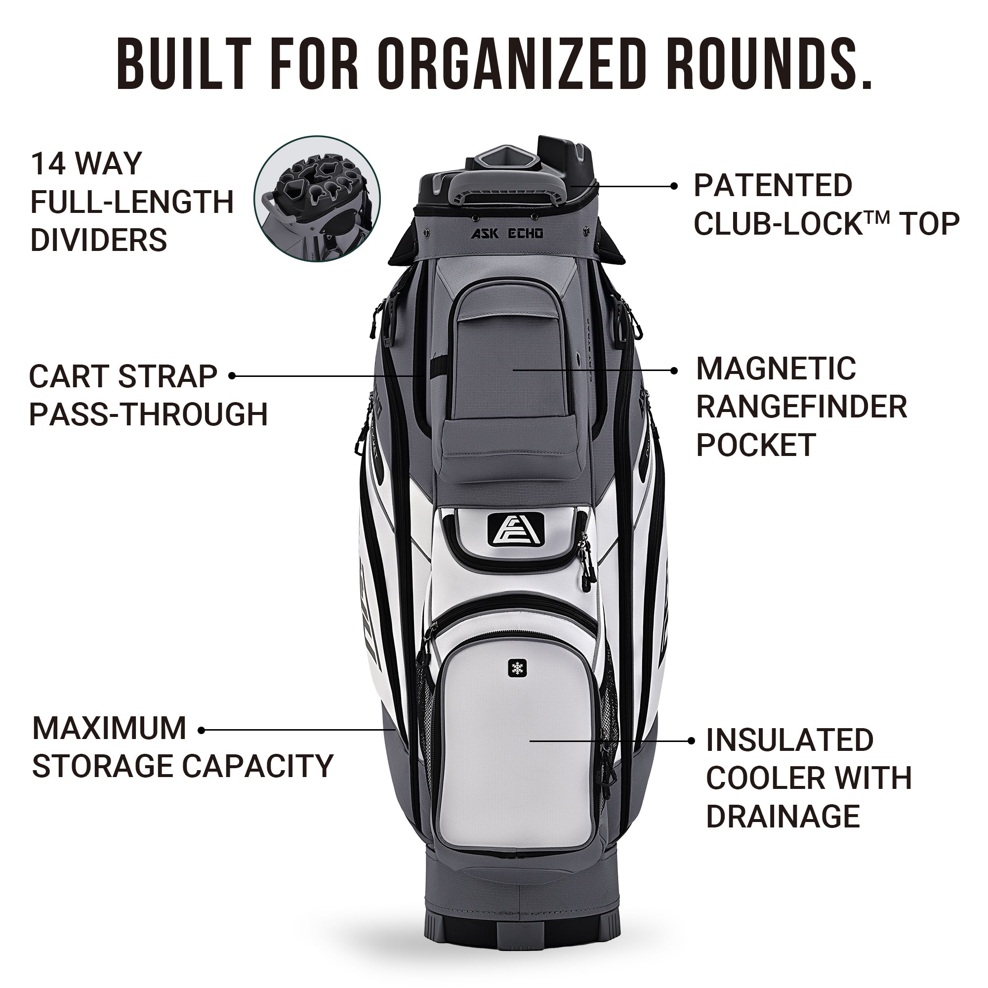 2Ask Echo T-LOCK 2.0 14 Way Organizer Dividers Golf Soundless Cart Bag / Grey2