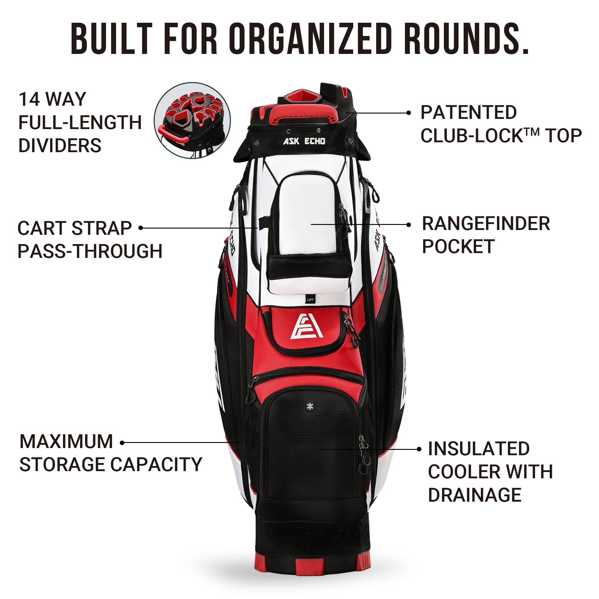 Ask Echo T-LOCK 2.0 14 Way Organizer Dividers Golf Soundless Cart Bag / White
