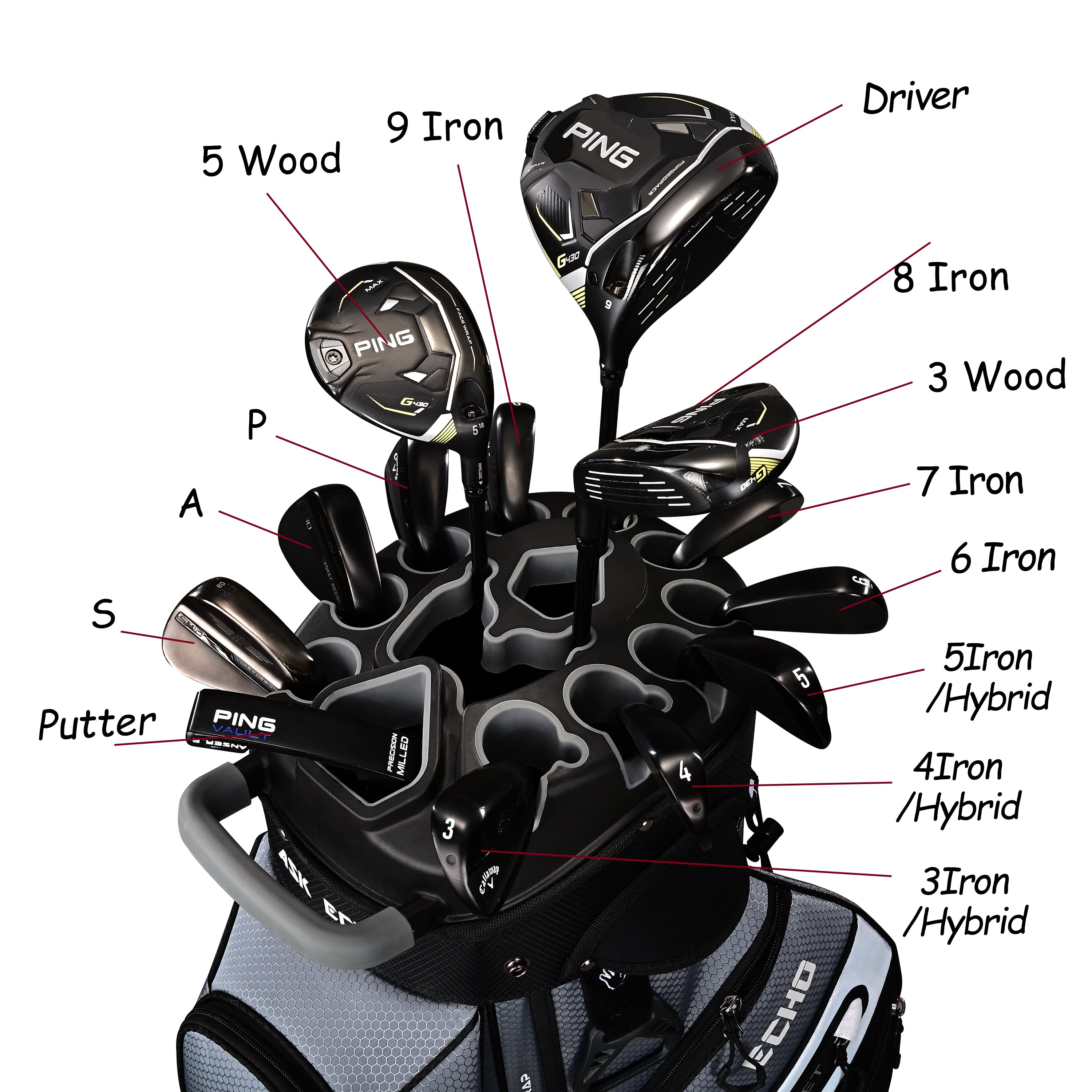 Ask Echo T-LOCK 2.0 14 Way Organizer Dividers Golf Soundless Cart Bag / Grey