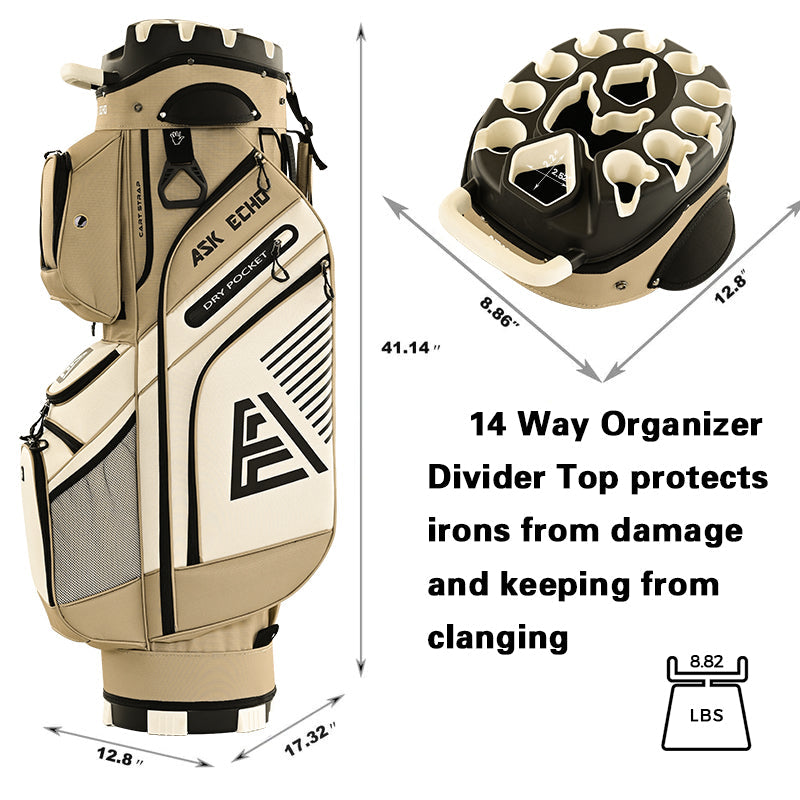 Ask Echo T-LOCK 3.0 14 Way Organizer Dividers Golf Quiet Cart Bag / Toasted Almond
