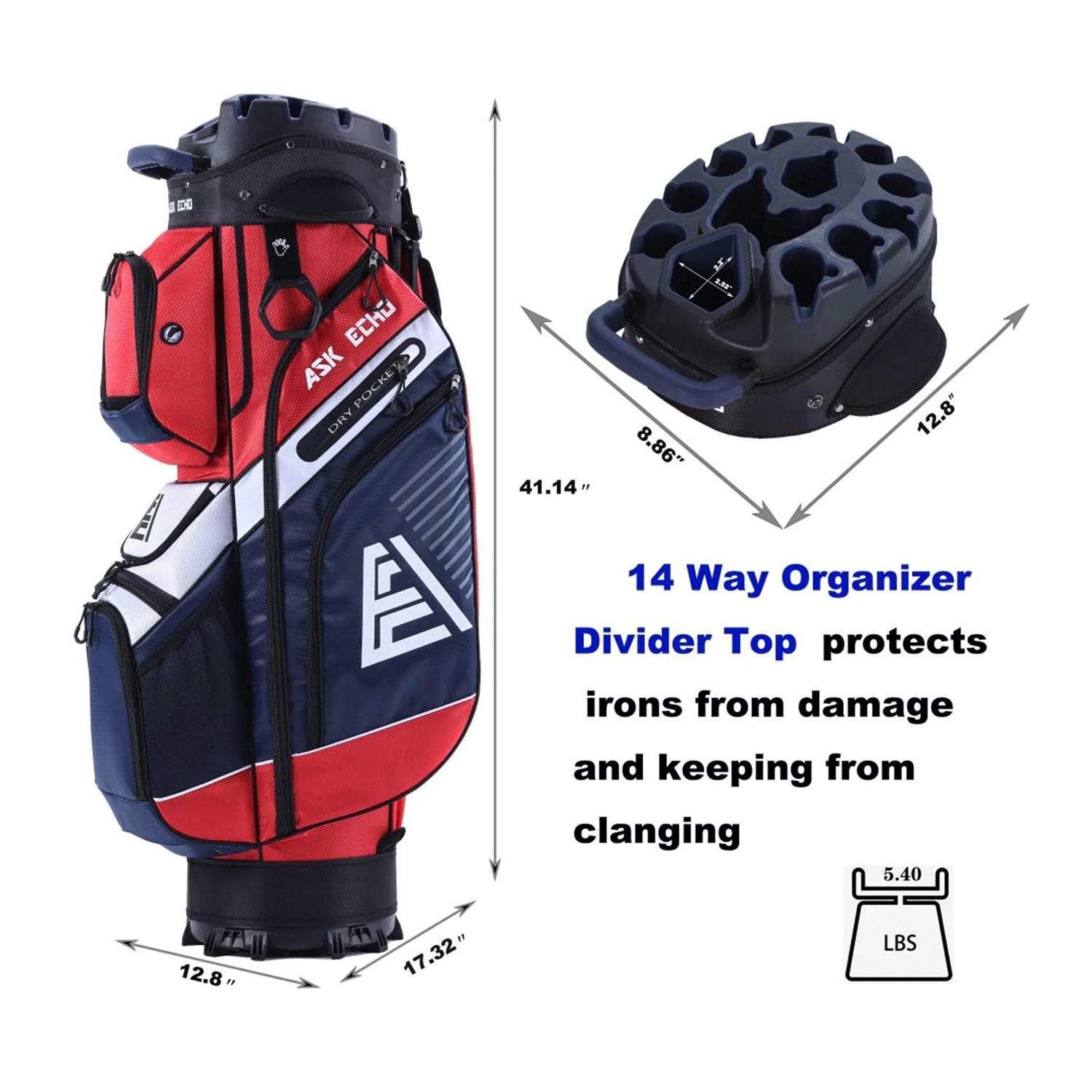 Ask Echo T-LOCK 2.0 14 Way Organizer Dividers Golf Soundless Cart Bag / Navy