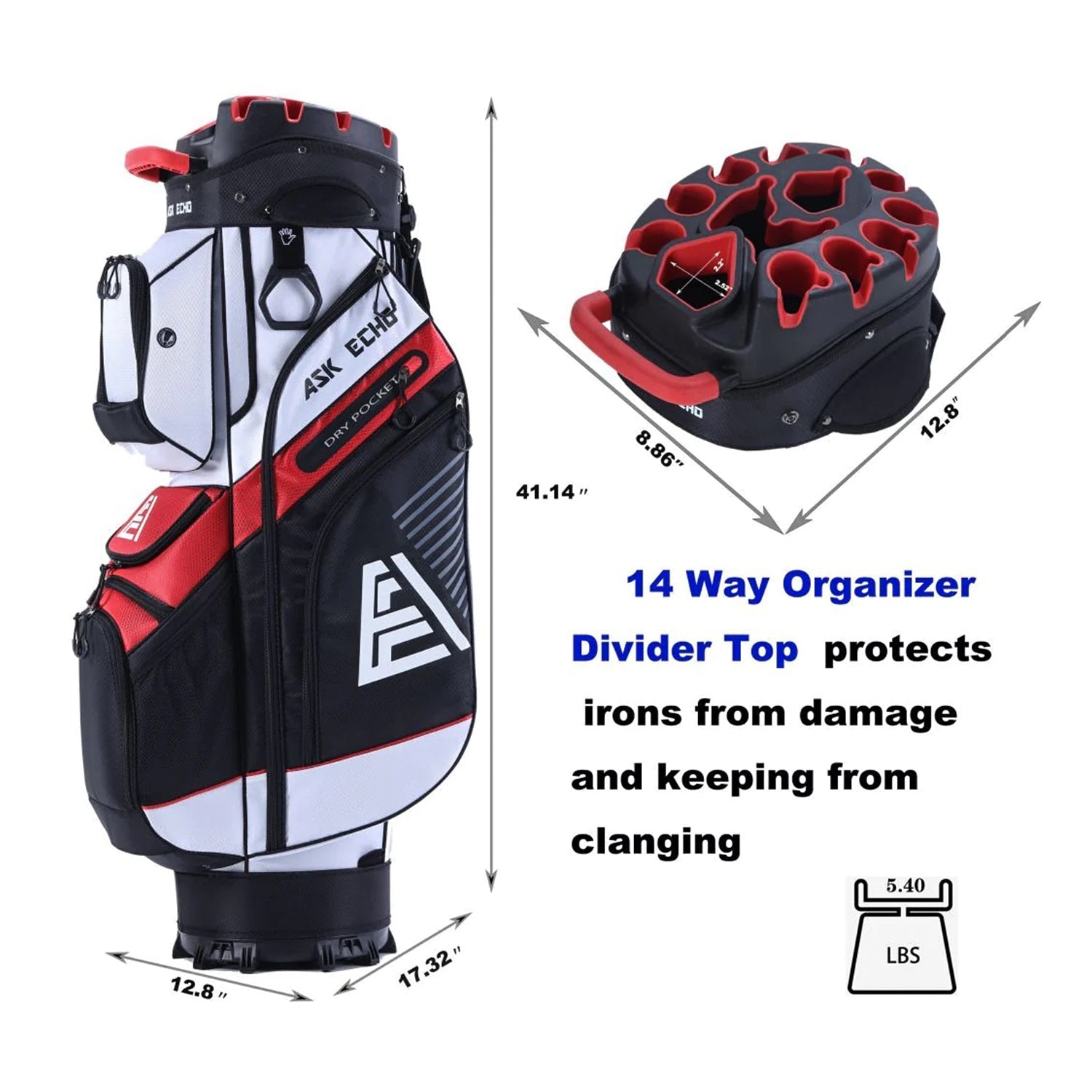 1Ask Echo T-LOCK 2.0 14 Way Organizer Dividers Golf Soundless Cart Bag / White1