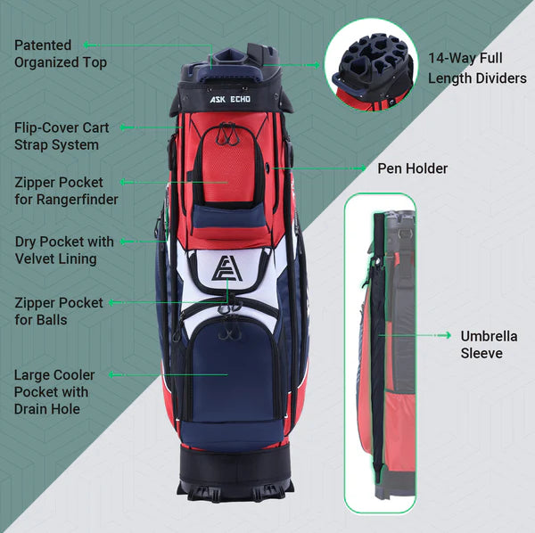 Ask Echo T-LOCK 2.0 14 Way Organizer Dividers Golf Soundless Cart Bag / Navy