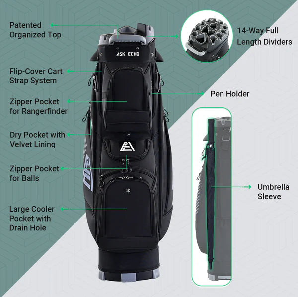 Ask Echo T-LOCK 3.0 14 Way Organizer Dividers Golf Quiet Cart Bag / Black