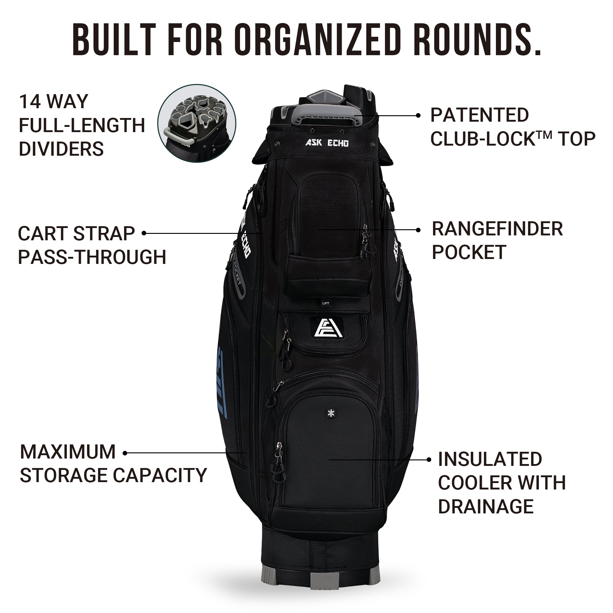 2Ask Echo  T-LOCK 3.0 14 Way Organizer Dividers Golf Quiet Cart Bag / Black2