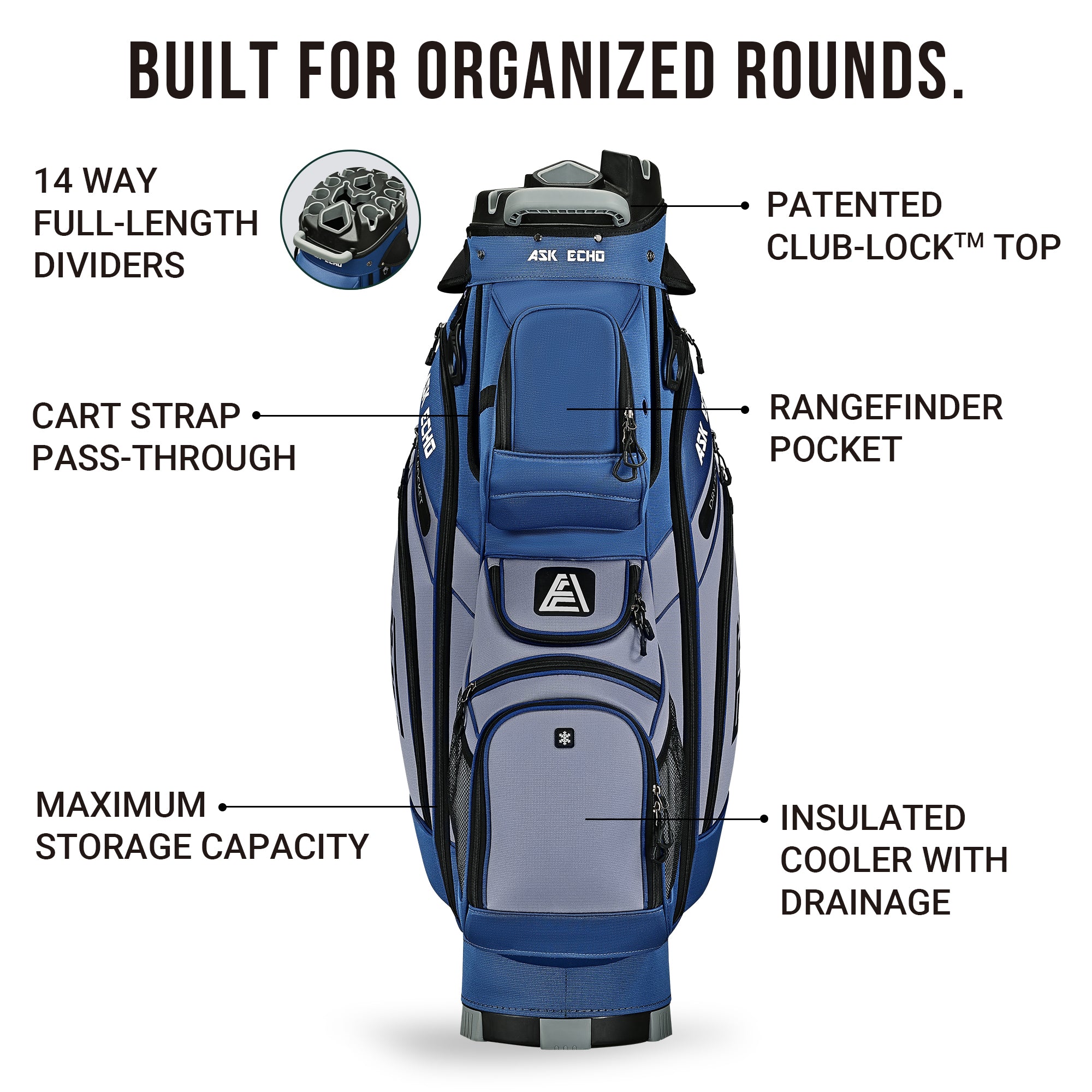 Ask Echo  T-LOCK 3.0 14 Way Organizer Dividers Golf Quiet Cart Bag / NavyGrey