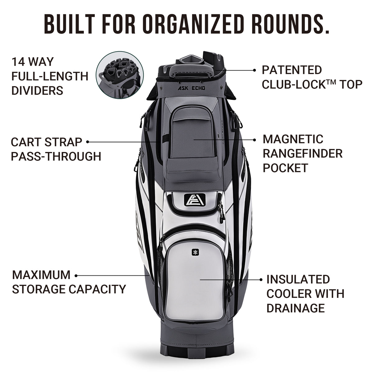 Ask Echo T-LOCK 2.0 14 Way Organizer Dividers Golf Soundless Cart Bag / Grey