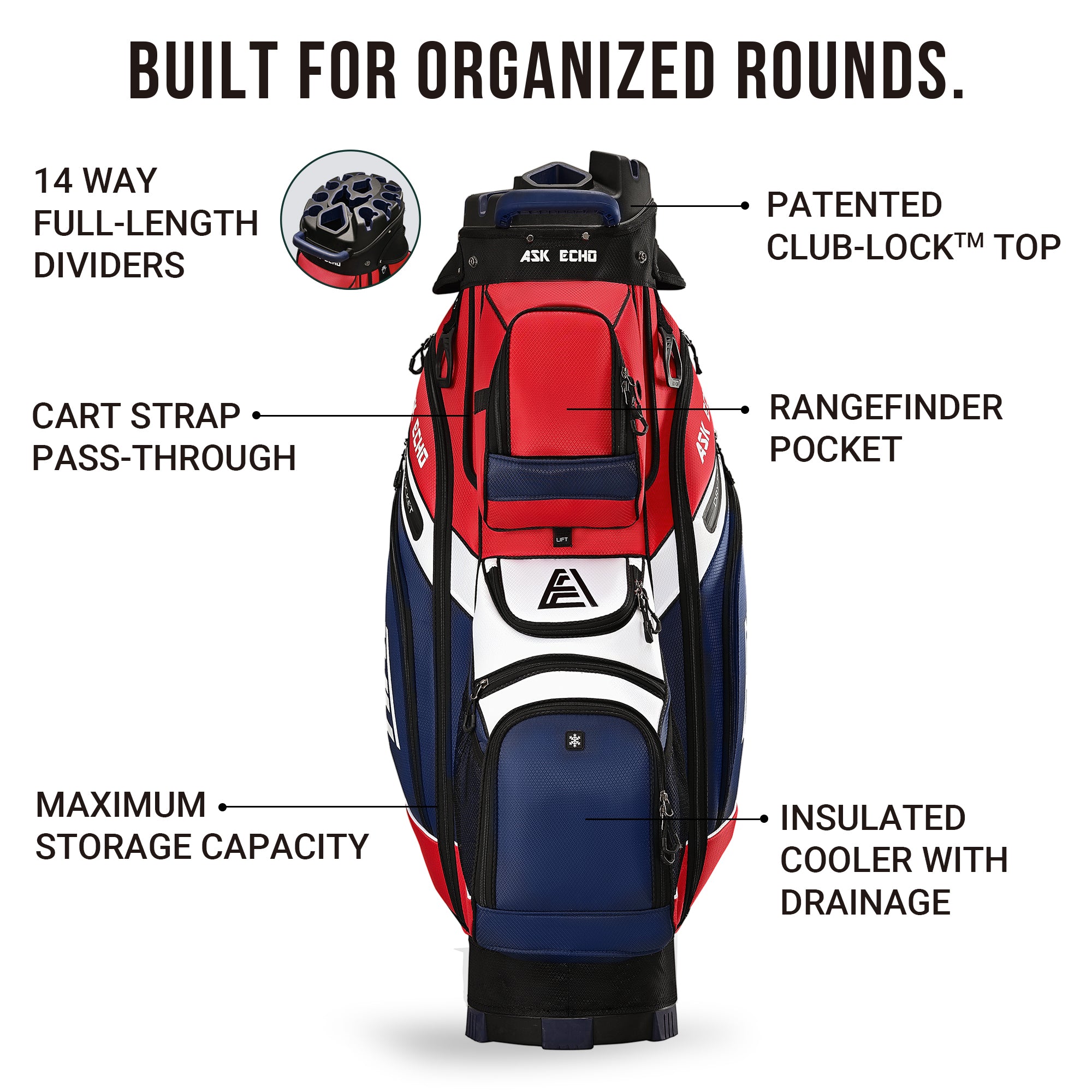 Ask Echo T-LOCK 2.0 14 Way Organizer Dividers Golf Soundless Cart Bag / Navy