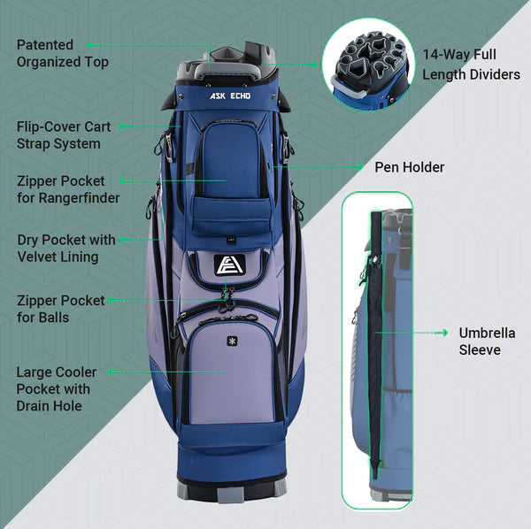 Ask Echo  T-LOCK 3.0 14 Way Organizer Dividers Golf Quiet Cart Bag / NavyGrey