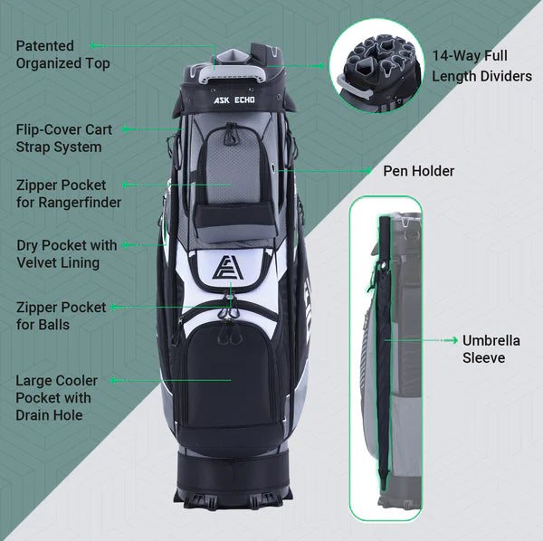 Ask Echo T-LOCK 2.0 14 Way Organizer Dividers Golf Soundless Cart Bag / Grey